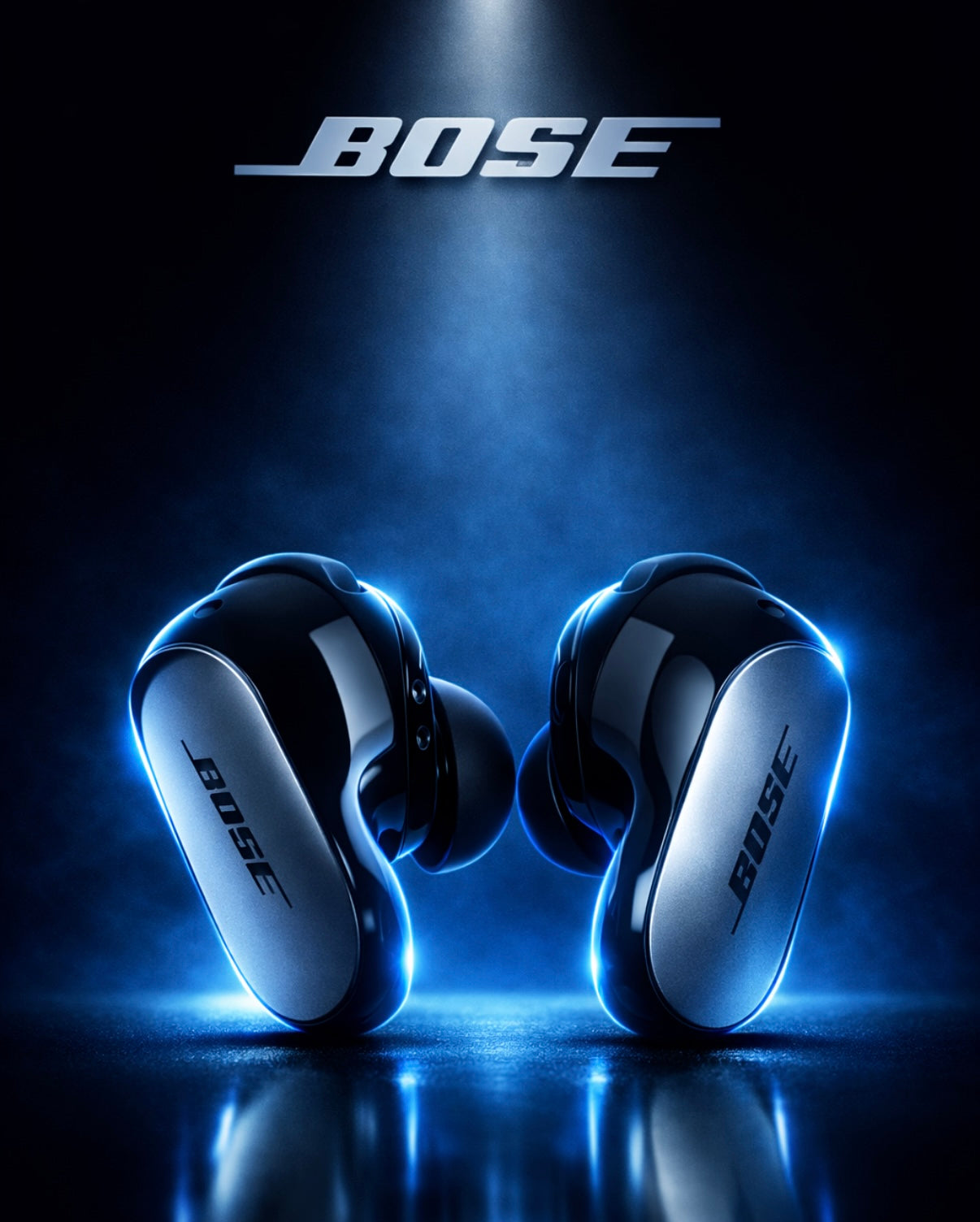 Bose wireless earbuds on a dark background with Bose logo