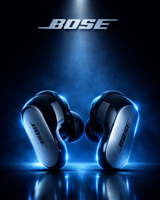 Bose wireless earbuds on a dark background with Bose logo