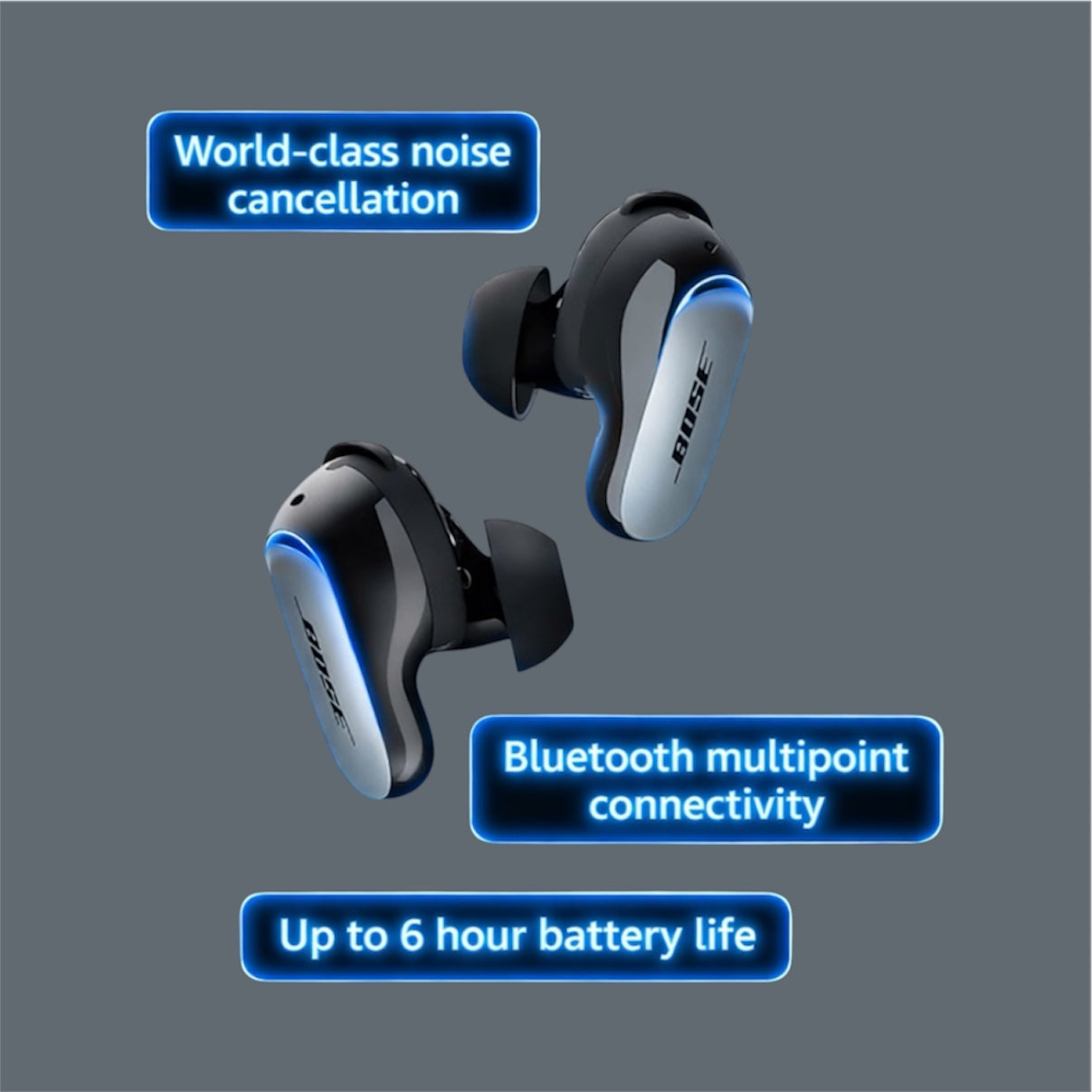 Bose wireless earbuds with features highlighted on a gray background