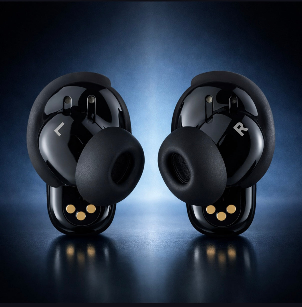 Bose Black wireless earbuds with 'L' and 'R' labels on a dark background