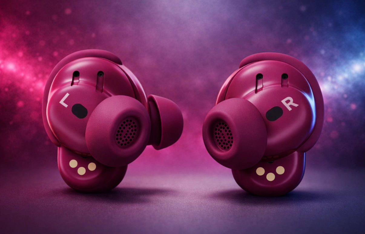 Pair of purple wireless earbuds with 'L' and 'R' labels on a purple gradient background