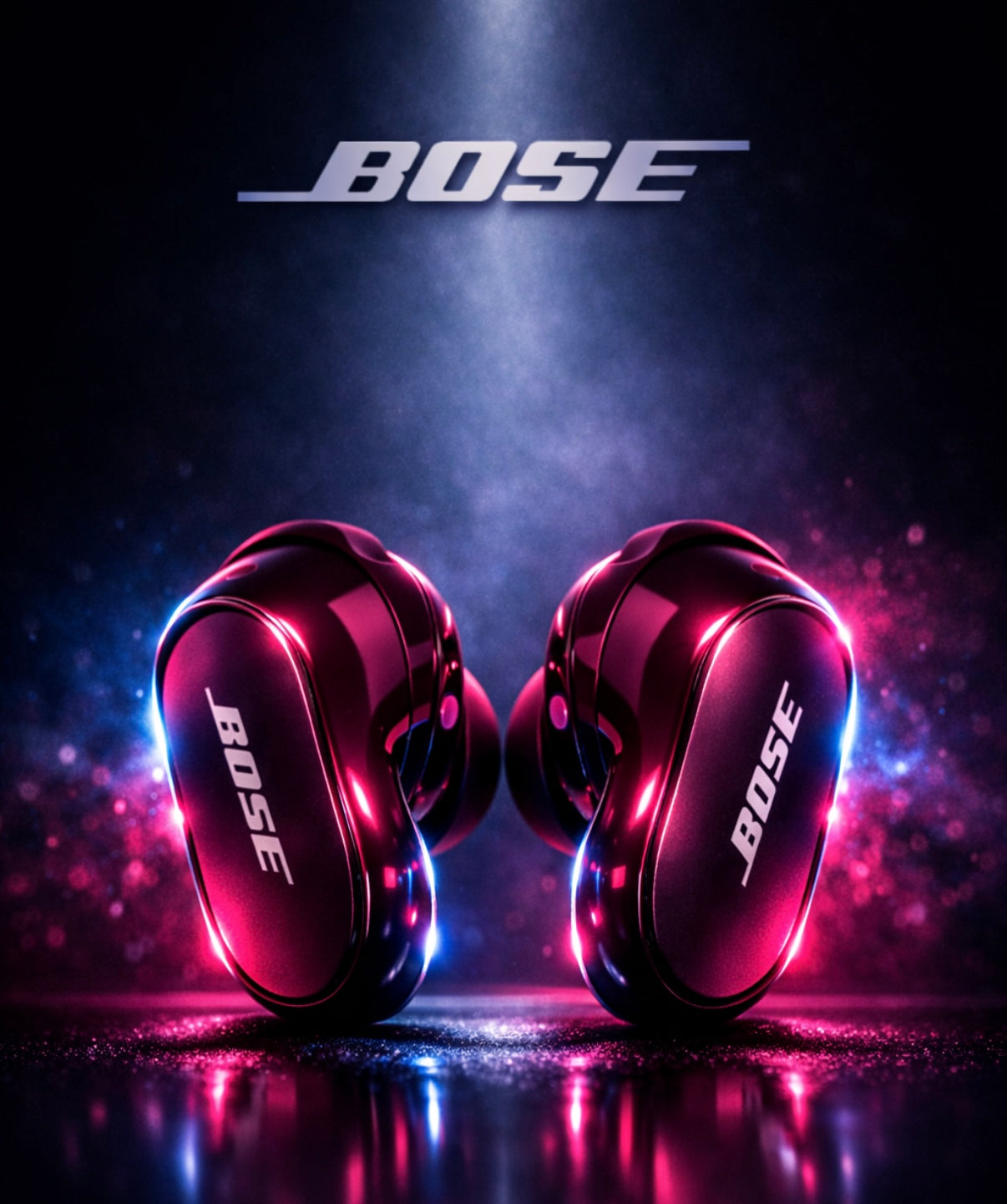 Bose purple earbuds with a dark background and Bose logo.