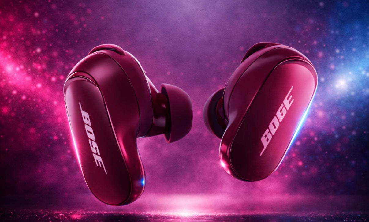 Bose wireless earbuds on a vibrant purple background