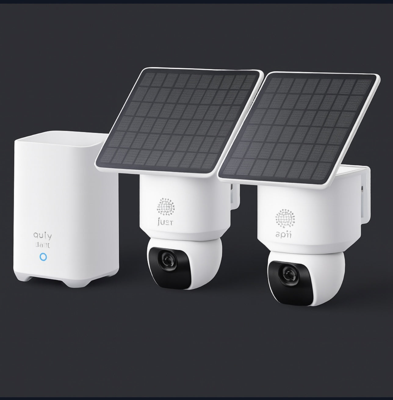 Two security cameras with solar panels on a dark background