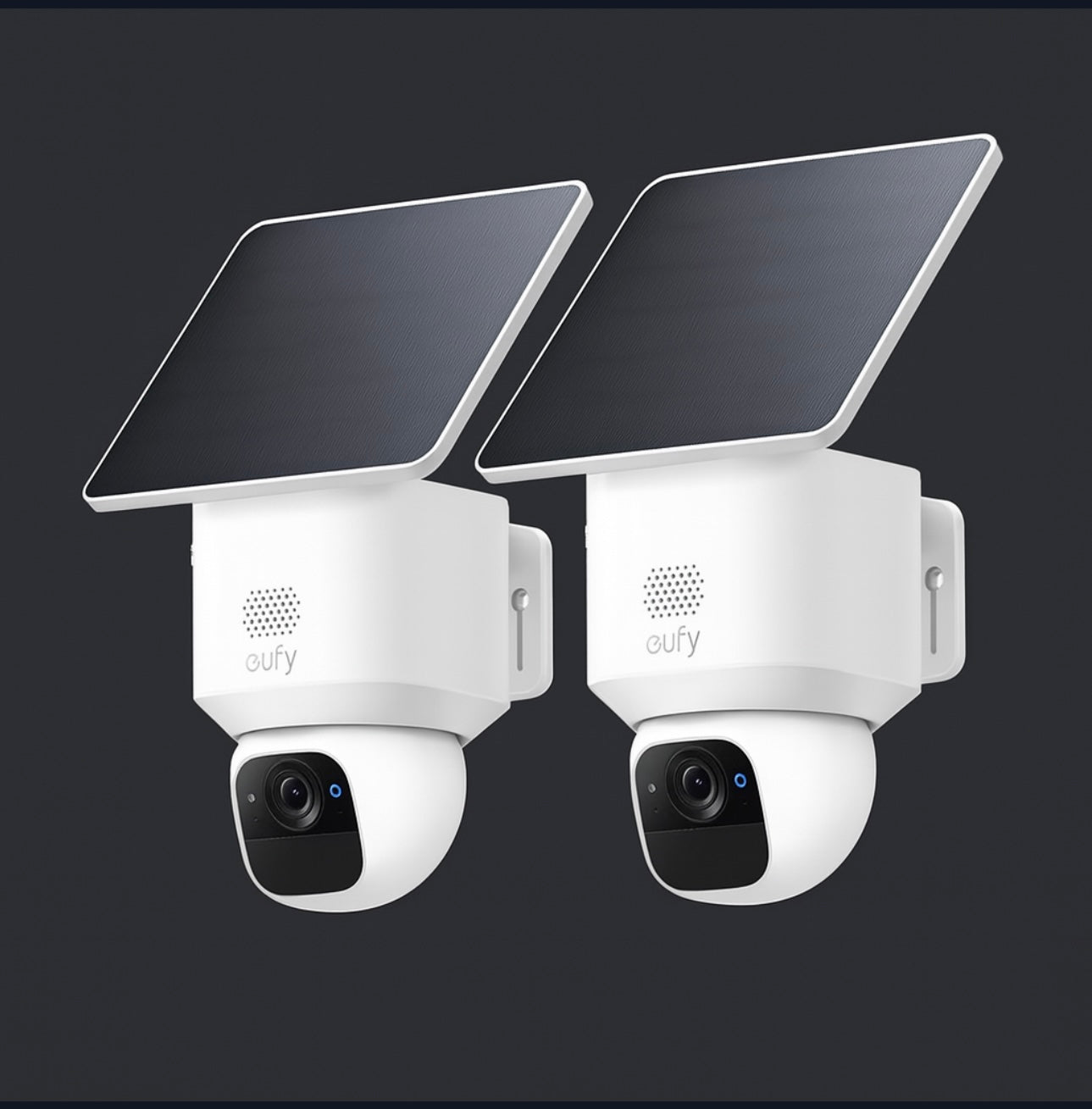 Two solar-powered security cameras with eufy branding on a black background