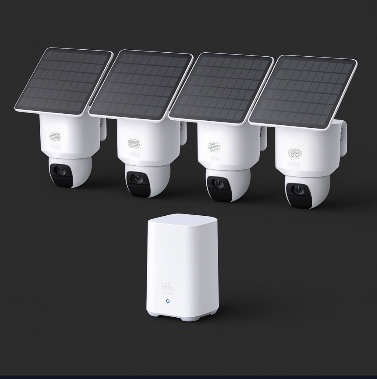 Four solar-powered security cameras with a central device on a dark background