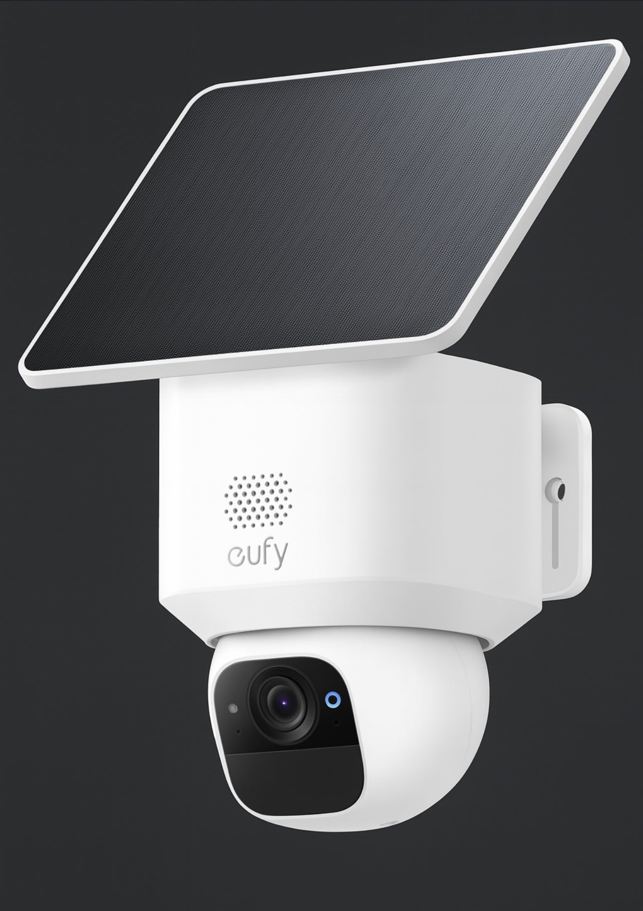 White security camera with solar panel on a black background