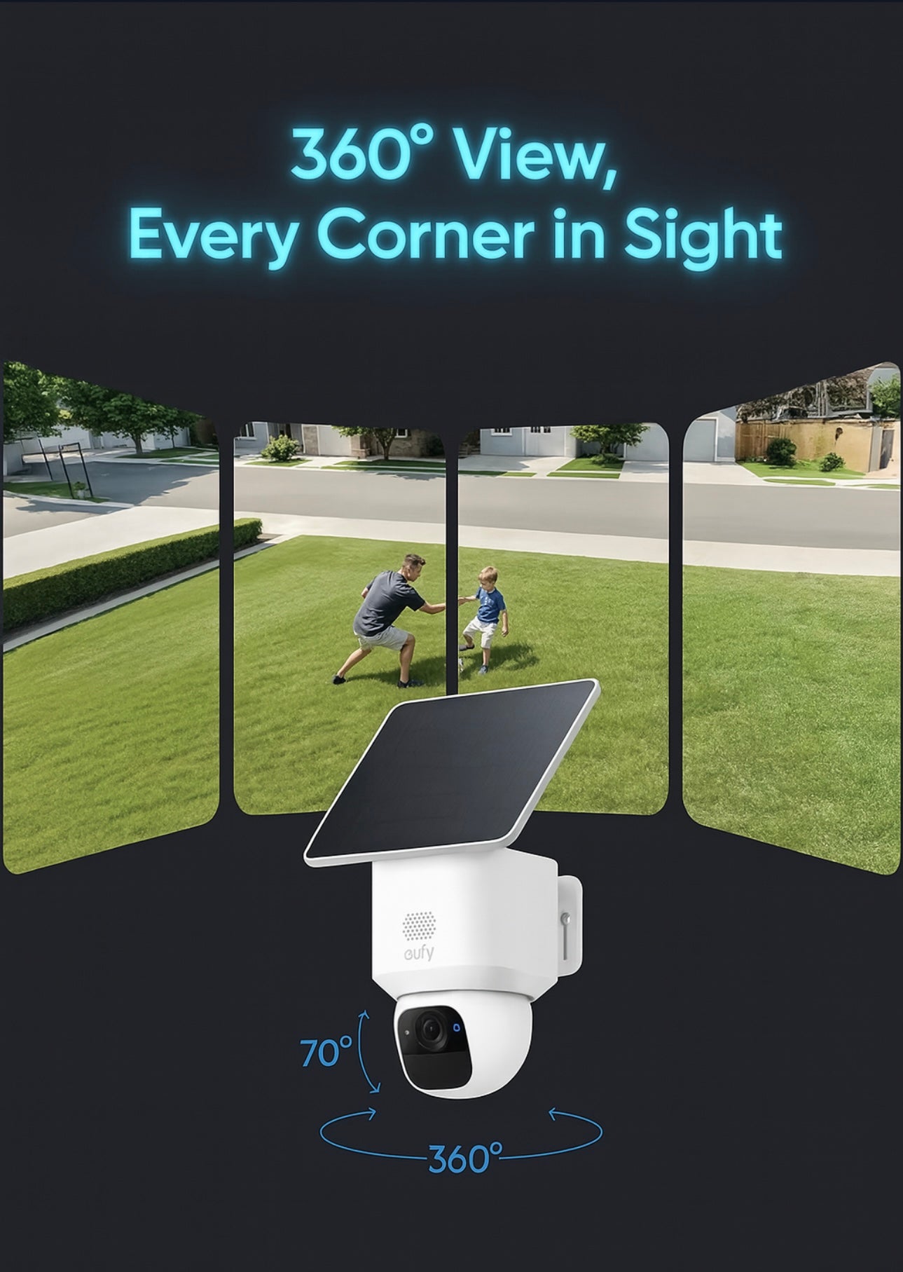 Security camera with 360-degree view displaying a backyard scene.