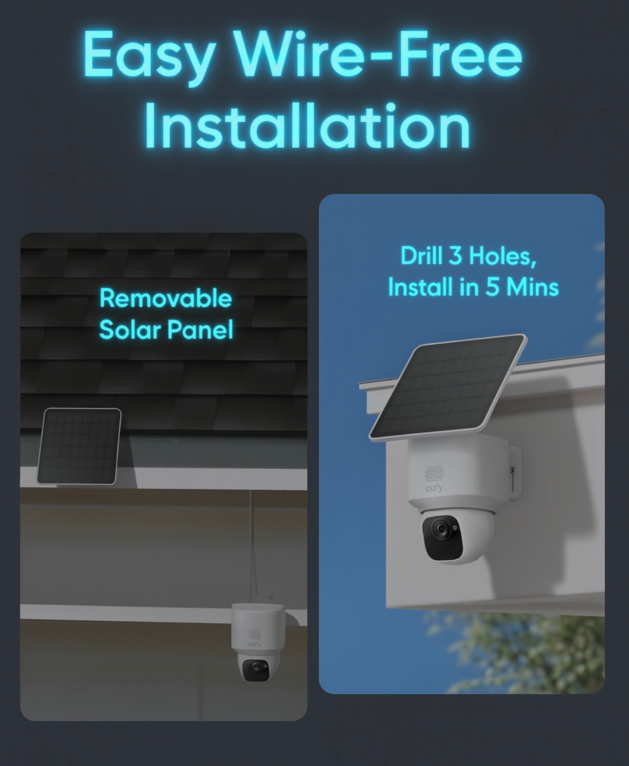 Solar panel and camera system with text on easy wire-free installation.
