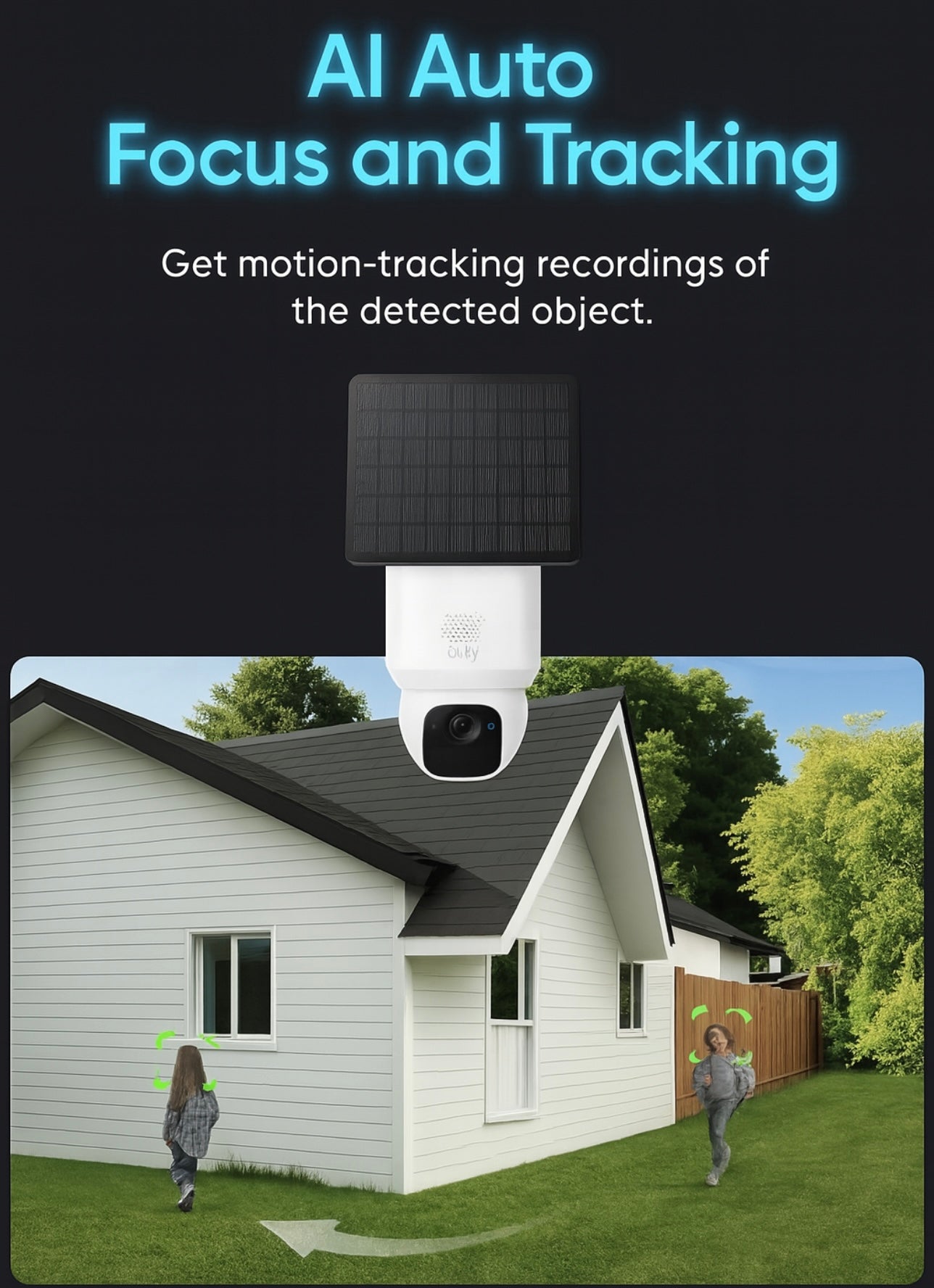 Smart home security camera with AI auto focus and tracking feature, displayed outdoors.