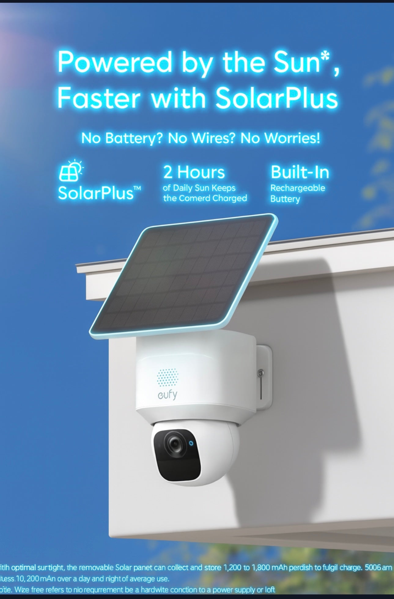 Solar-powered security camera with solar panel on a blue sky background