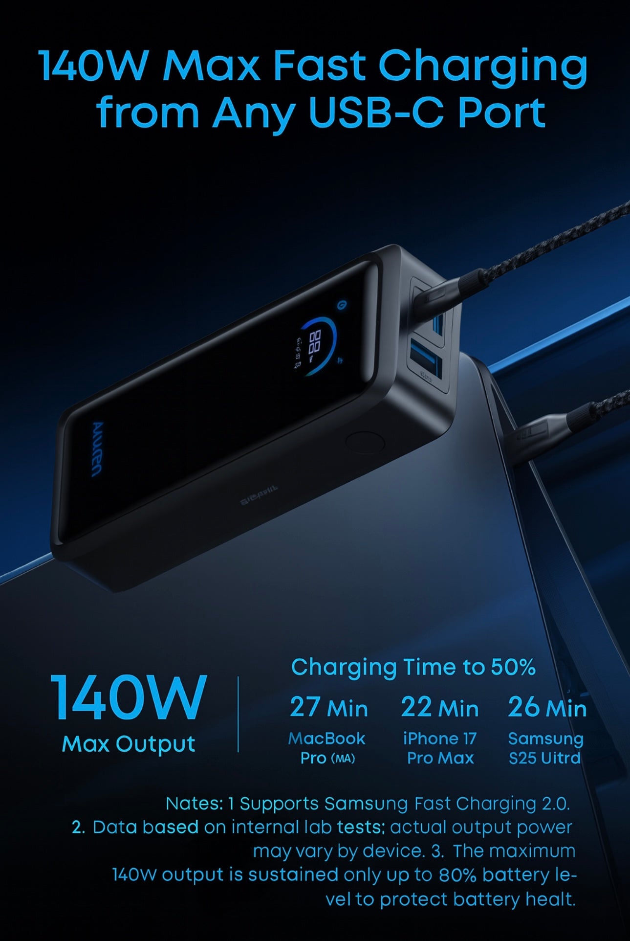 Anker Prime 26250mAh Power Bank, 300W 3-Port Portable Charger, TSA-Approved, App-Controlled USB-C PD for MacBook