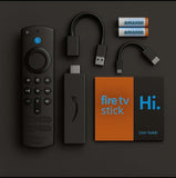 Flat lay of Amazon Fire TV Stick, Alexa remote, user guide, and accessories on a dark background.
