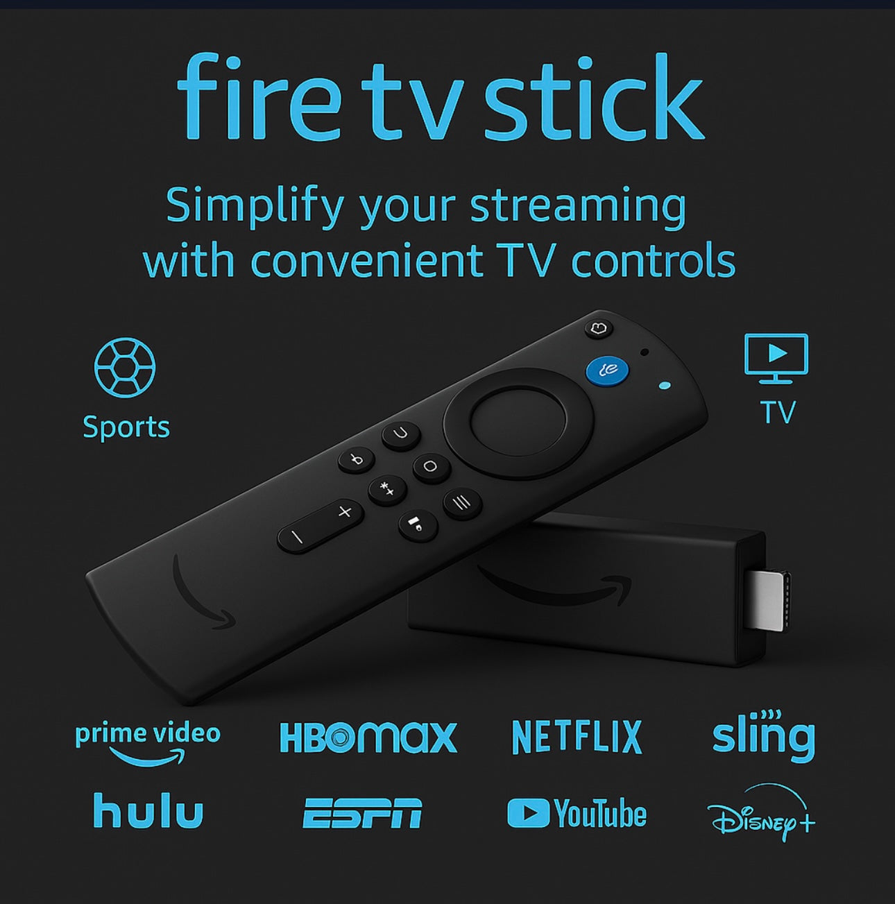 Amazon Fire TV Stick with Alexa Voice Remote—plug-and-play streaming with power, volume, and mute control in one device.