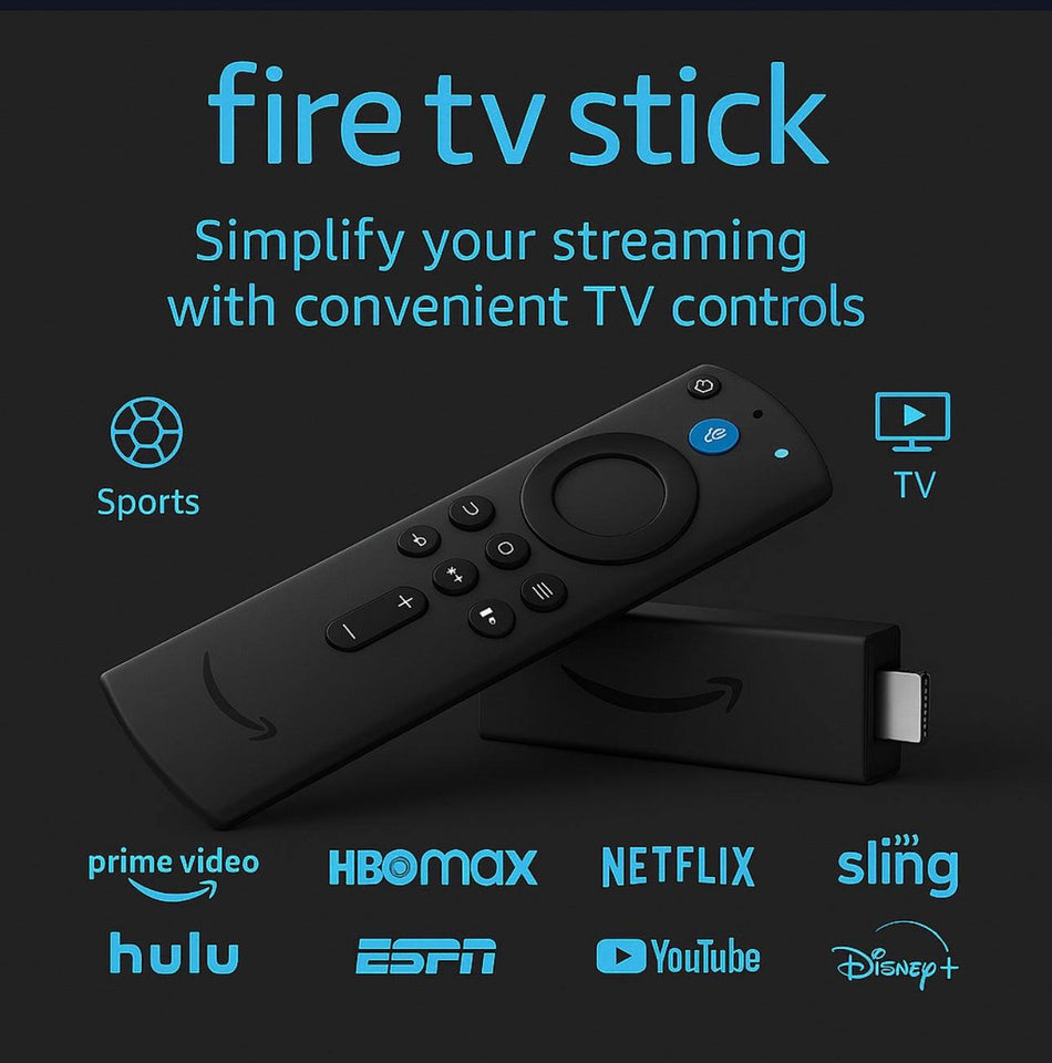 Fire TV Stick remote with streaming services logos, simplifying control for Netflix, Hulu, and more.