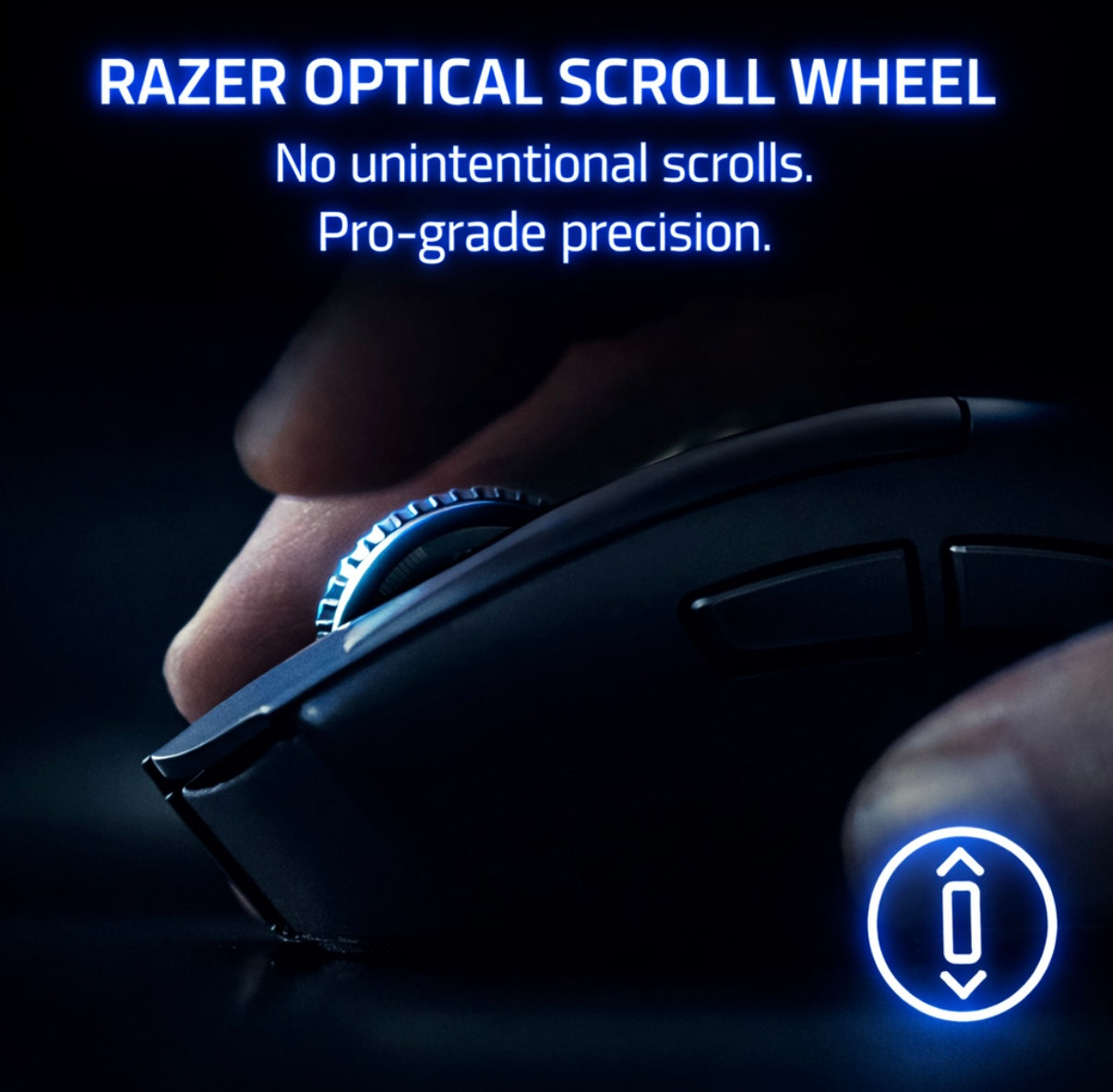 Black Razer optical scroll wheel with text on precision and control