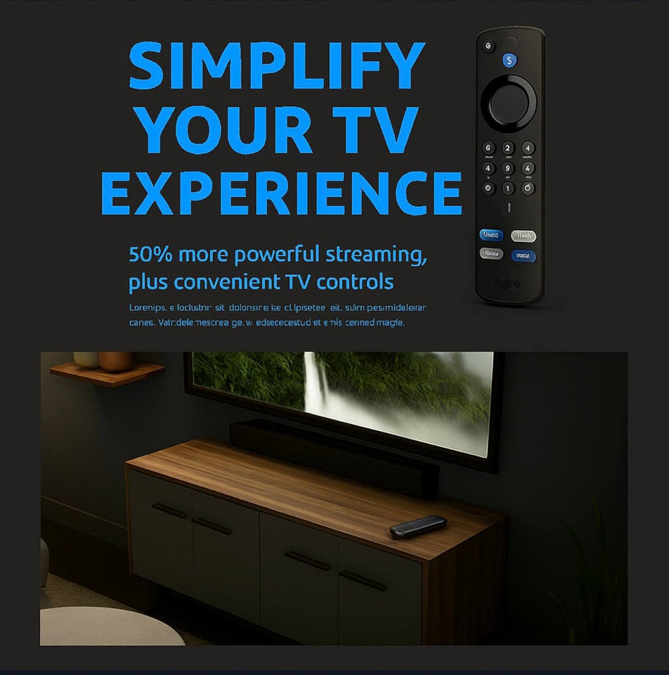 Alexa Voice Remote Pro on a TV stand, promoting easy control and powerful streaming for your TV experience.