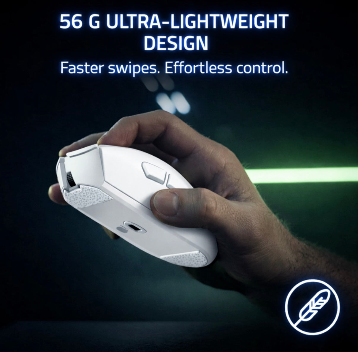 White Hand holding a white gaming mouse with text about its ultra-lightweight design on a dark background.