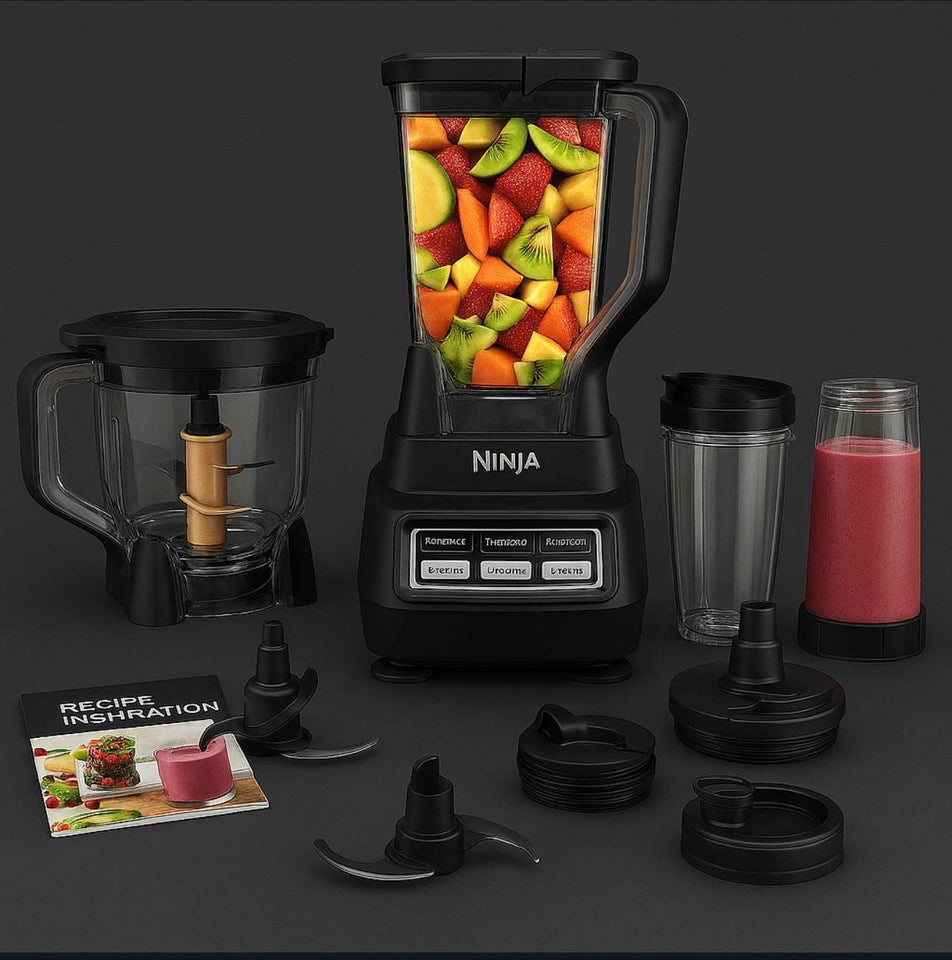 Ninja BL770 blender and food processor with various containers, cups, and recipe book showcasing colorful fruit blend.