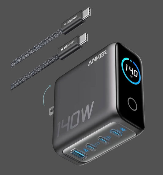 Anker 140W 4‑Port GaN USB‑C Charger – Smart Display, Touch Controls, Fast Charging for MacBook, iPad, iPhone 17 (5ft Cable Included)
