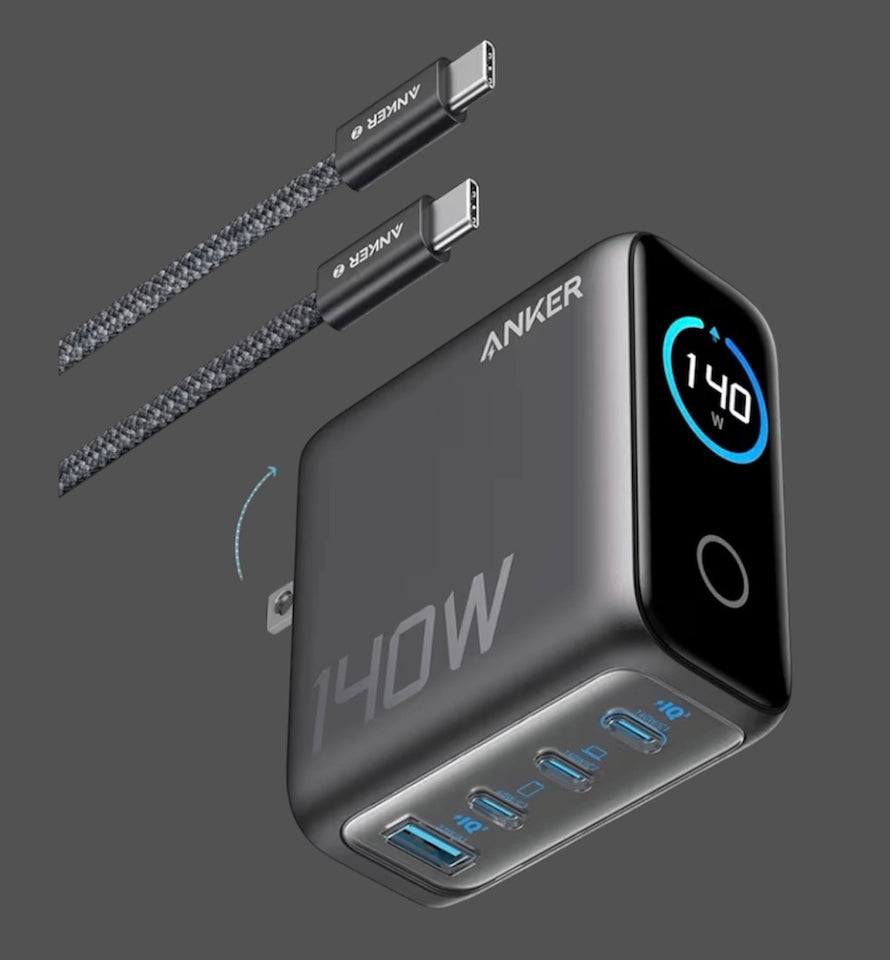 Anker 140W 4‑Port GaN USB‑C Charger – Smart Display, Touch Controls, Fast Charging for MacBook, iPad, iPhone 17 (5ft Cable Included)