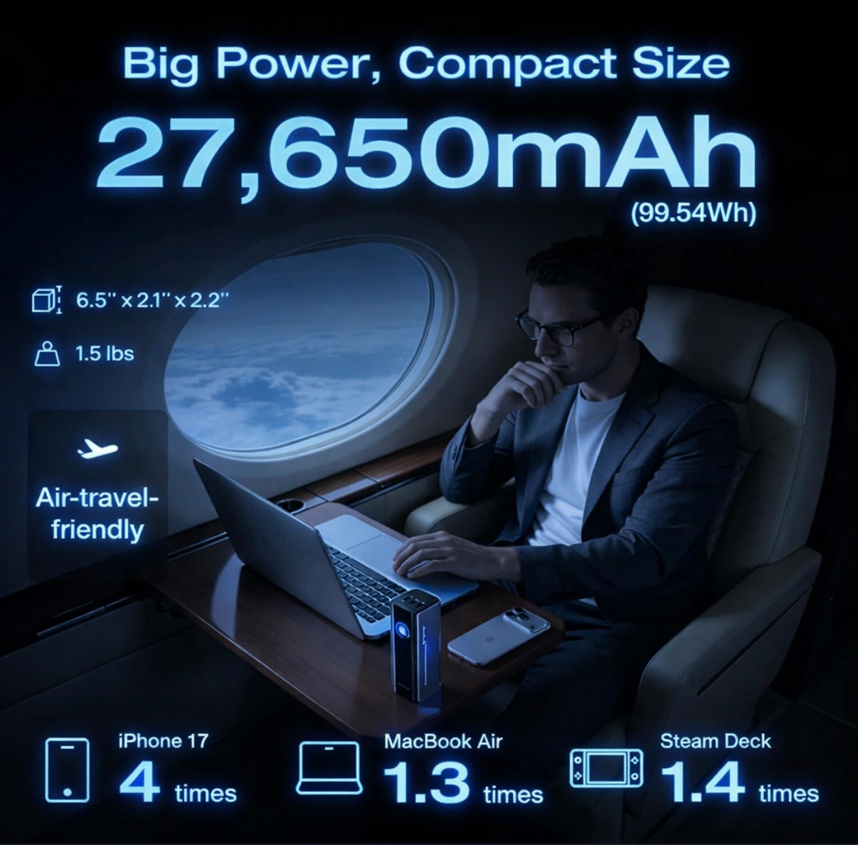 EF ECOFLOW Rapid Pro Power Bank – 300W 4‑Port Portable Charger, 140W Built‑In Cable, TSA‑Approved, Smart App, 27,650mAh for MacBook Pro/Air, iPhone 17/16, Laptops & More