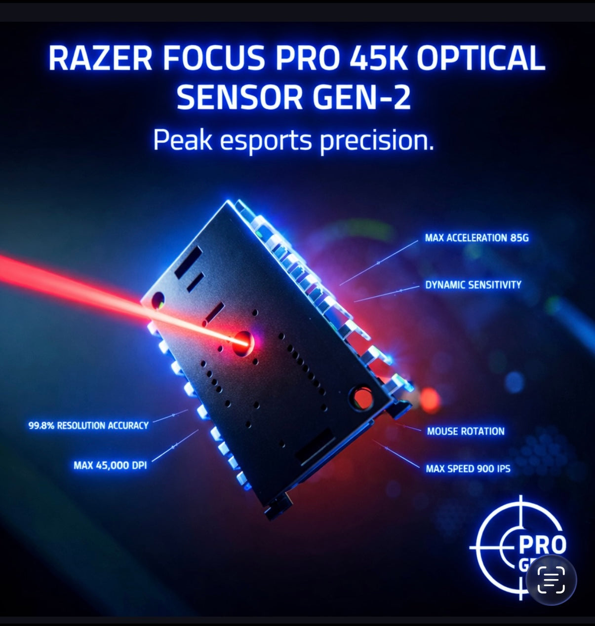 White Razer Focus Pro 45K Optical Sensor Gen-2 with laser beam on a dark background
