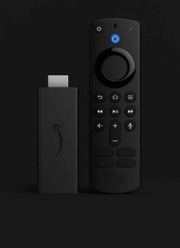 Alexa Voice Remote Pro and Fire TV Stick on a black background for smart TV control.