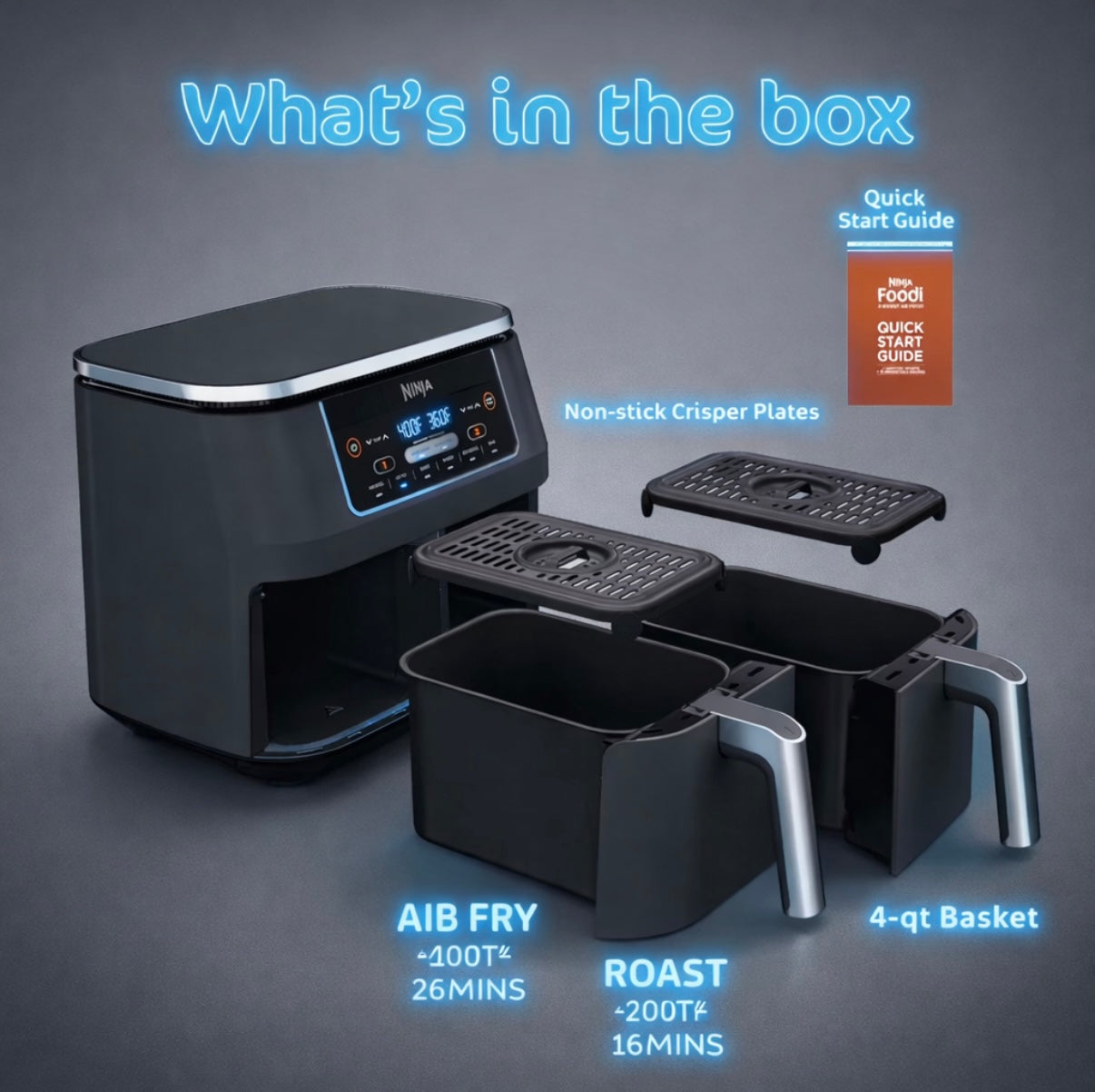 Ninja Foodi DZ201 DualZone 8QT 2‑Basket Air Fryer – 6‑in‑1 with Smart Finish & Match Cook, Roast, Broil, Dehydrate & More – Grey