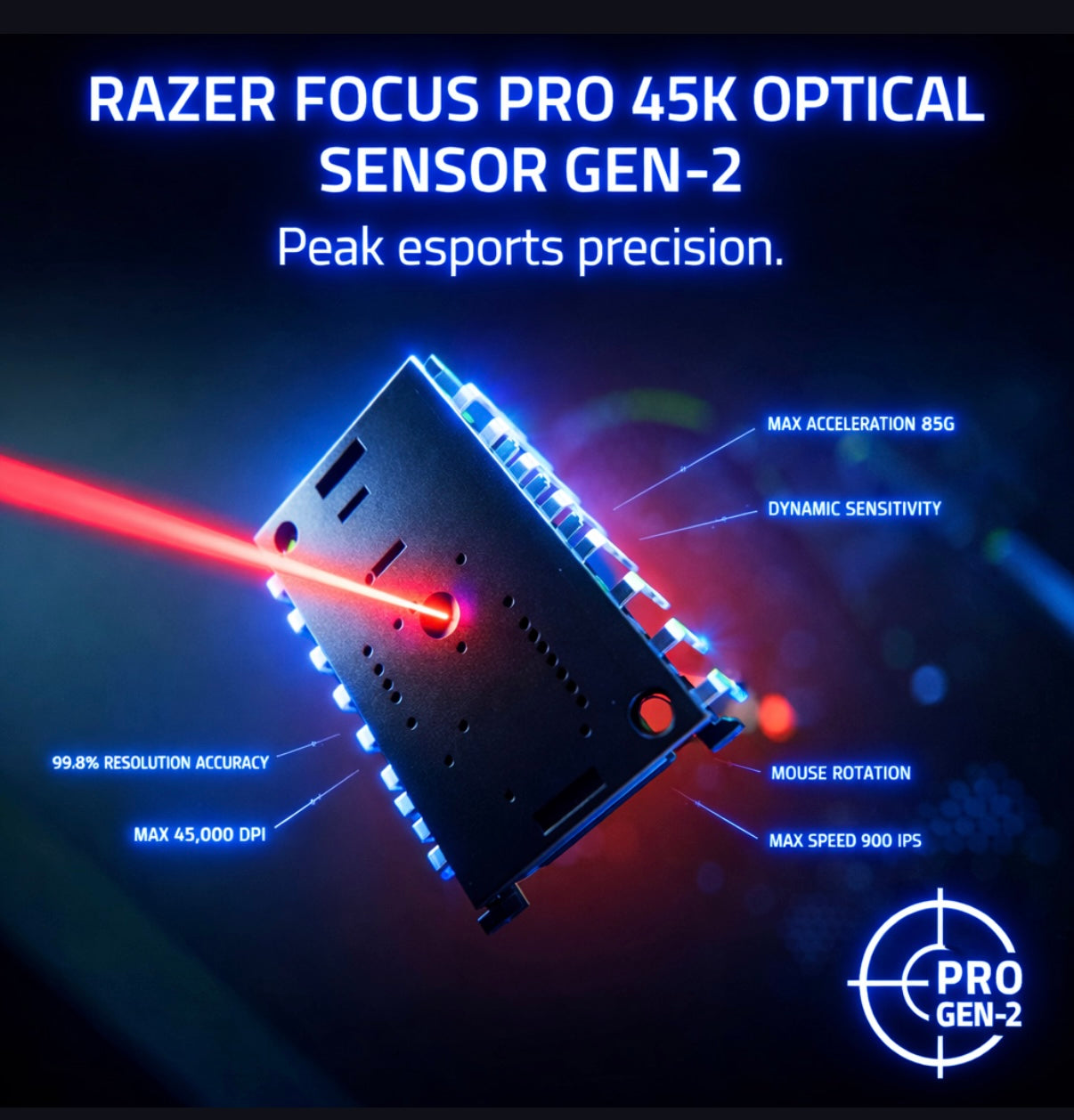 Black Razer Focus Pro 45K Optical Sensor Gen-2 with laser beam on a dark background