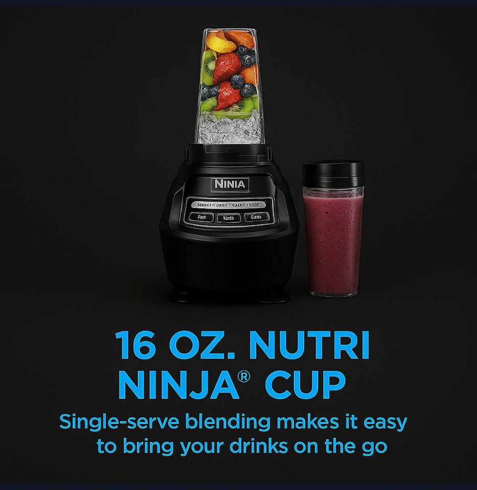 Nutri Ninja 16 oz cup and blender for easy single-serve smoothies and drinks on the go.