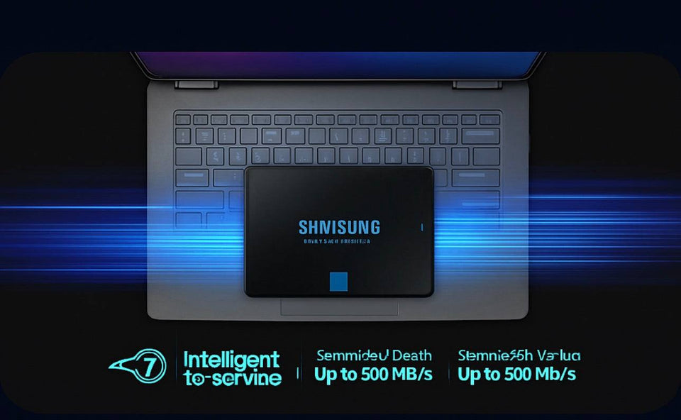 Samsung 870 EVO 250GB SSD on a laptop keyboard showcasing high-speed performance and Intelligent TurboWrite technology.