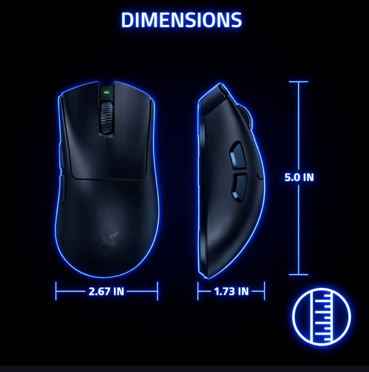 Black Gaming mouse with dimensions labeled on a black background