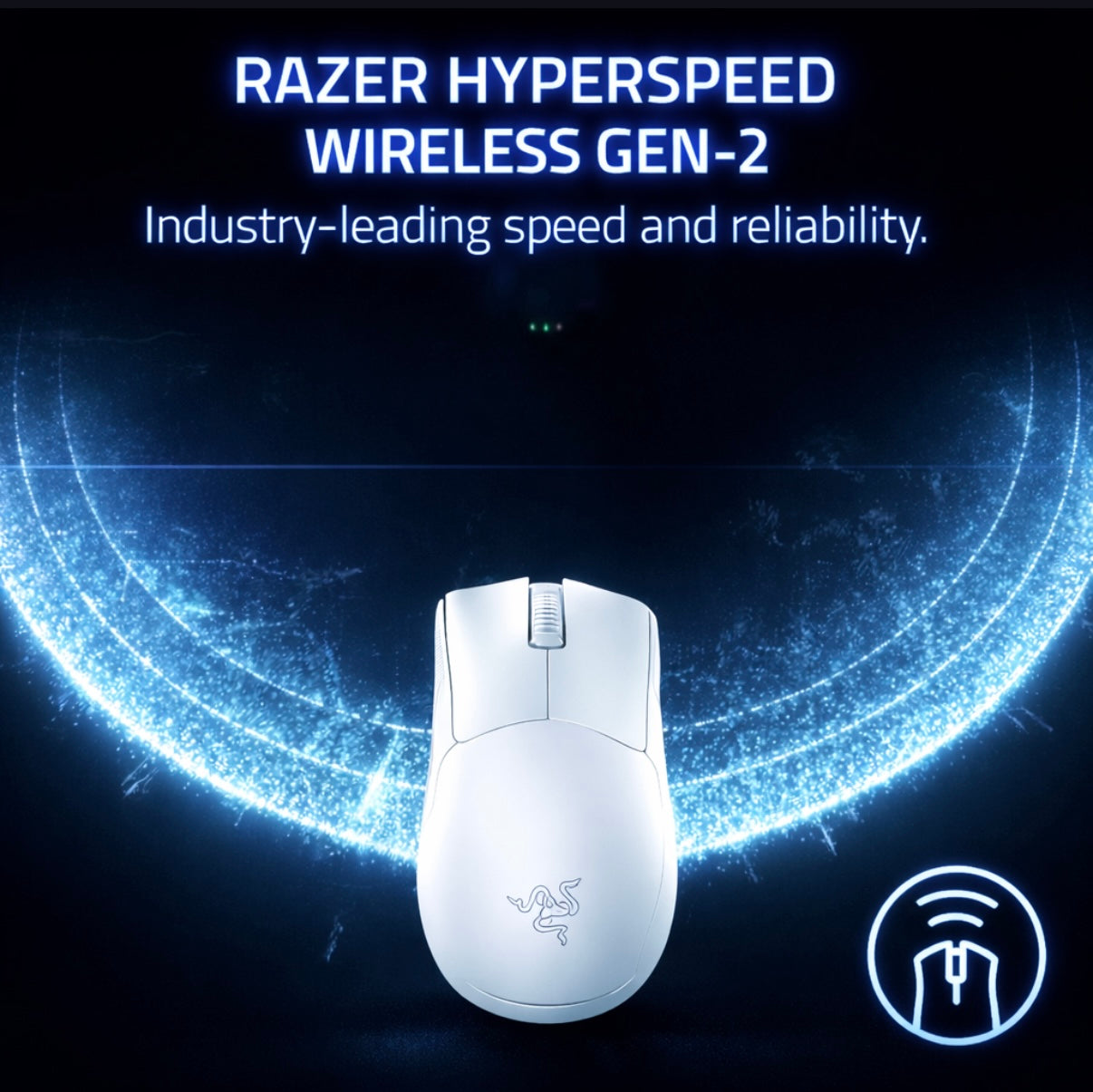 White Razer hyperspeed wireless mouse with glowing blue circles on a dark background