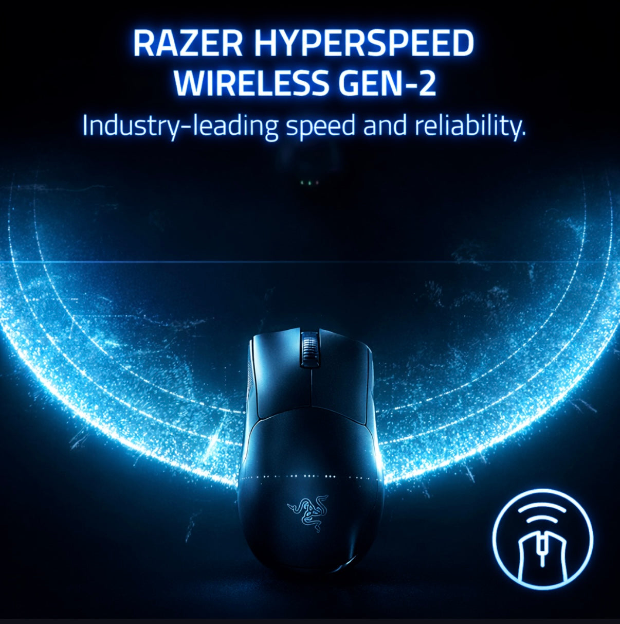 Black Razer hyperspeed wireless gaming mouse with glowing blue circle and text on a dark background