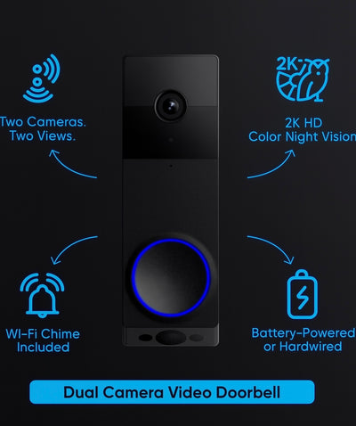 WYZE Wireless Dual Camera Video Doorbell with Chime - Battery Powered, 2K HD, Package & Person Detection, 2-Way Audio, Color Night Vision, Smart Home Compatible