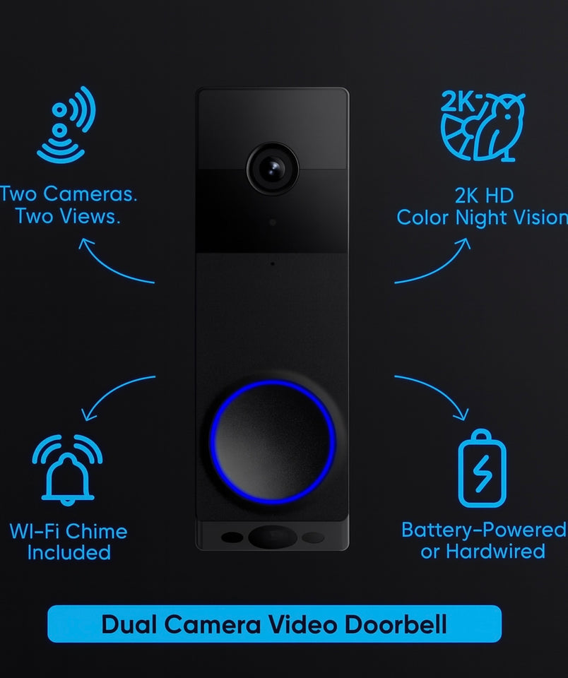 WYZE Wireless Dual Camera Video Doorbell with Chime - Battery Powered, 2K HD, Package & Person Detection, 2-Way Audio, Color Night Vision, Smart Home Compatible
