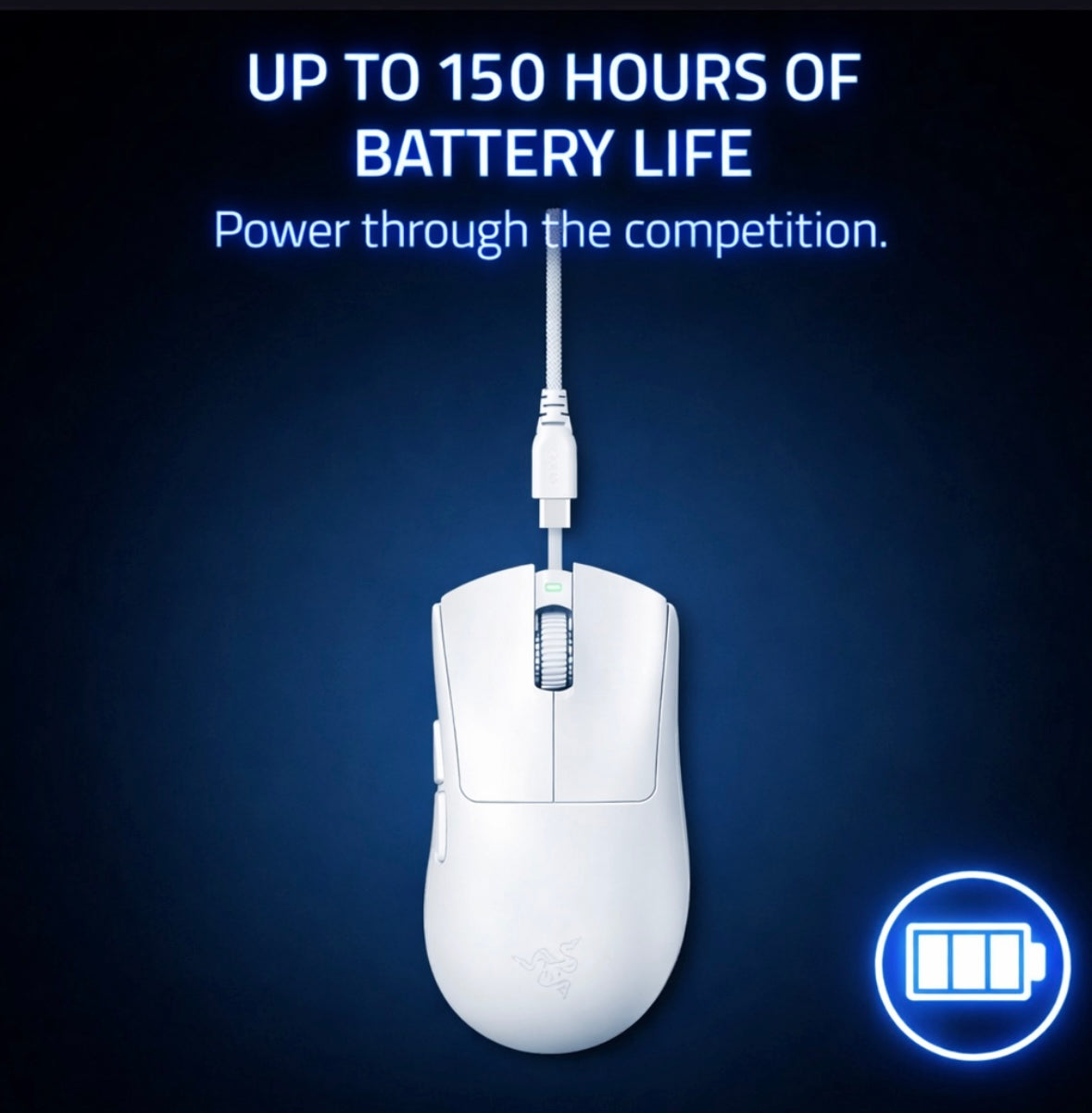 White computer mouse with cable on a dark blue background, highlighting battery life feature.