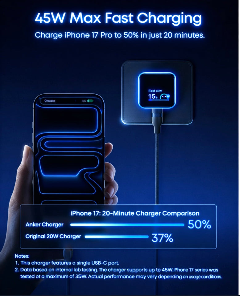 Anker Nano 45W Smart Display USB‑C Charger – GaN Fast Charging, 180° Foldable Plug, Smart Recognition, Built‑In Care Mode, for iPhone 17/16/15