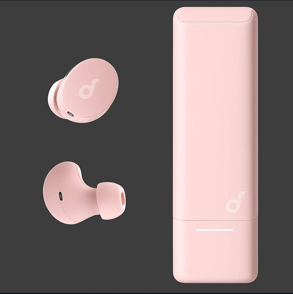 Anker Soundcore A30L true wireless earbuds in pink with charging case, featuring Bluetooth connectivity and noise cancellation.