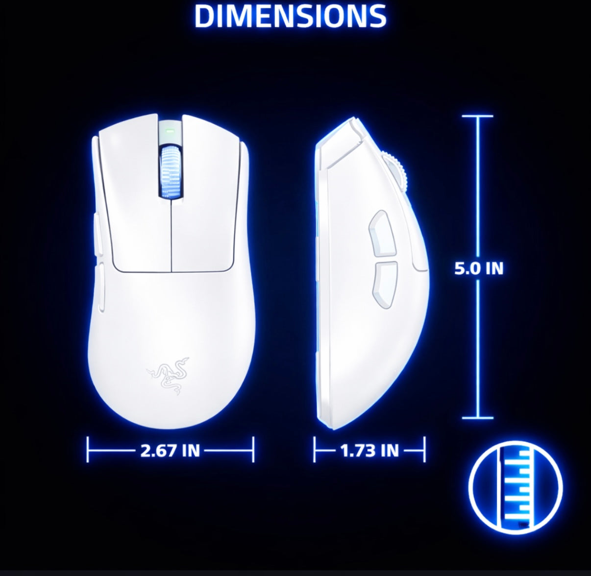 White Gaming mouse with dimensions labeled on a black background