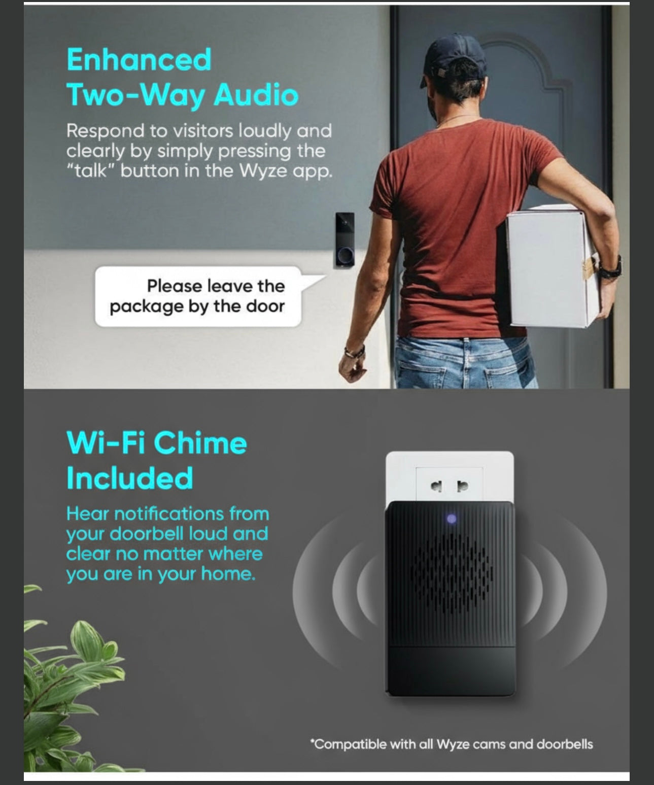 WYZE Wireless Dual Camera Video Doorbell with Chime - Battery Powered, 2K HD, Package & Person Detection, 2-Way Audio, Color Night Vision, Smart Home Compatible