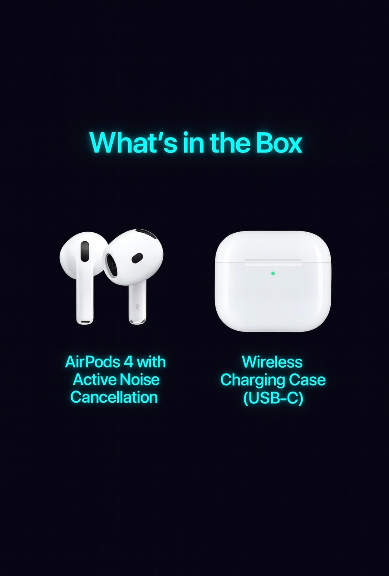 Auriculares inalámbricos Apple AirPods 4 con Bluetooth, cancelación activa de ruido (ANC), estuche de carga USB-C, chip H2 y audio espacial.