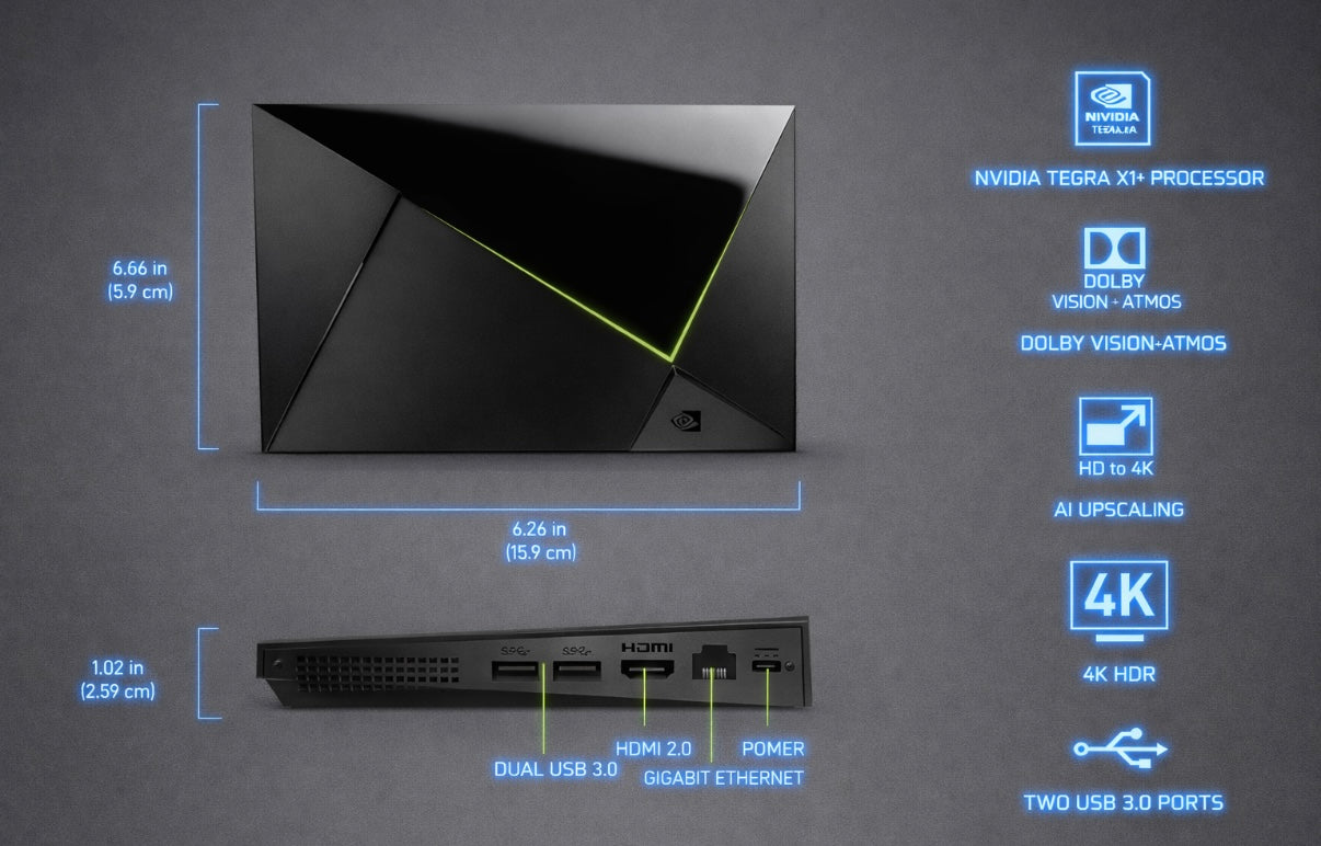 NVIDIA Shield Android TV Pro | 4K HDR Streaming Media Player, Dolby Vision, Tegra X1+, 3GB RAM, 2× USB, Works with Alexa (Model 945‑12897‑2500‑101)
