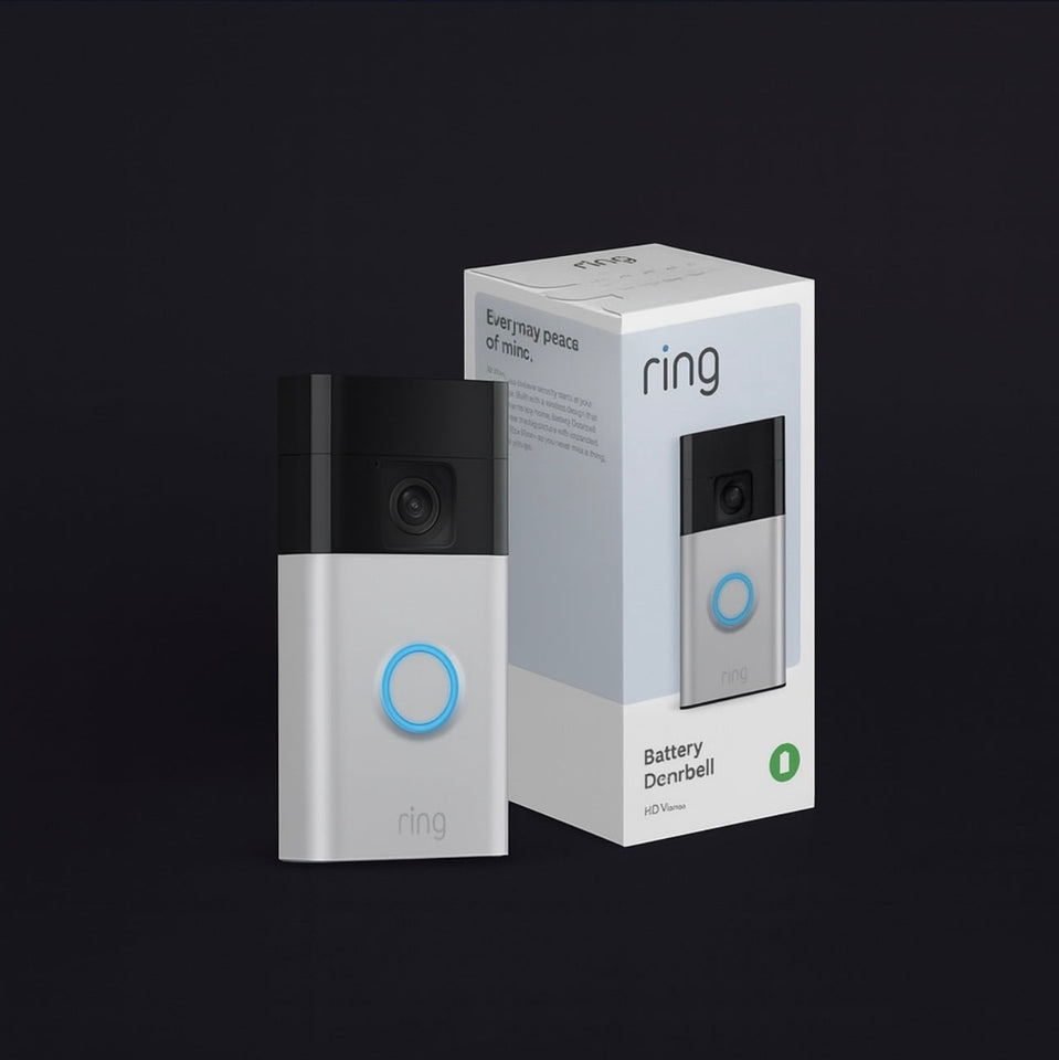 Ring Battery Doorbell 2025 with HD video, motion detection, and rechargeable battery next to its packaging.