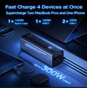 EF ECOFLOW Rapid Pro Power Bank – 300W 4‑Port Portable Charger, 140W Built‑In Cable, TSA‑Approved, Smart App, 27,650mAh for MacBook Pro/Air, iPhone 17/16, Laptops & More