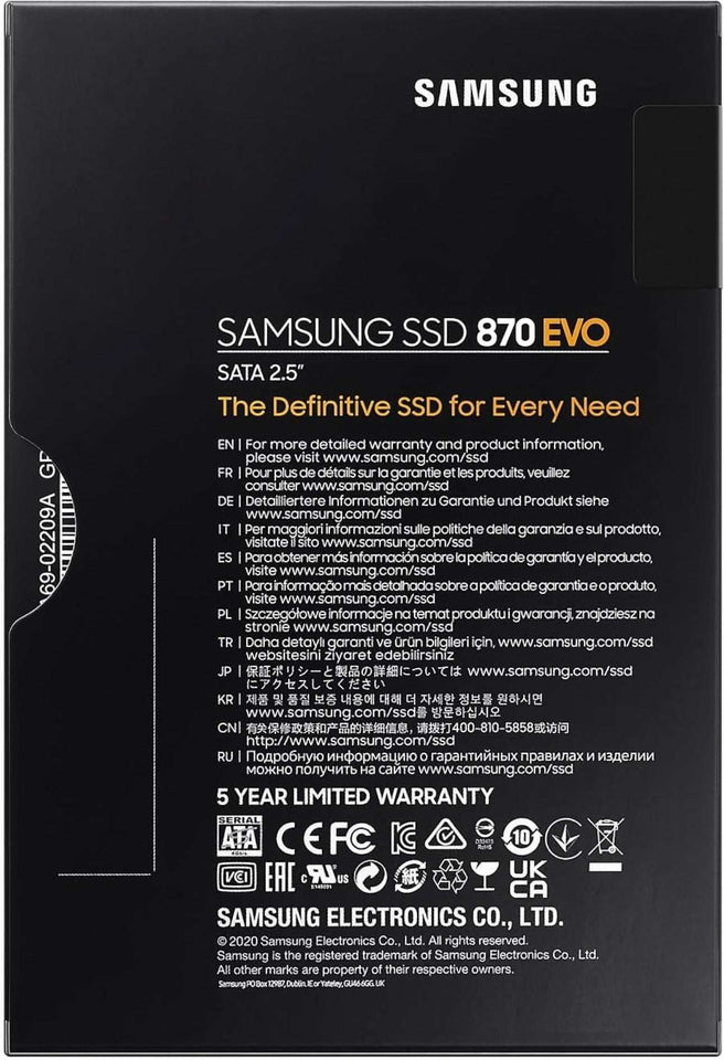 Back of the Samsung 870 EVO 250GB SSD box showing product details and warranty information.