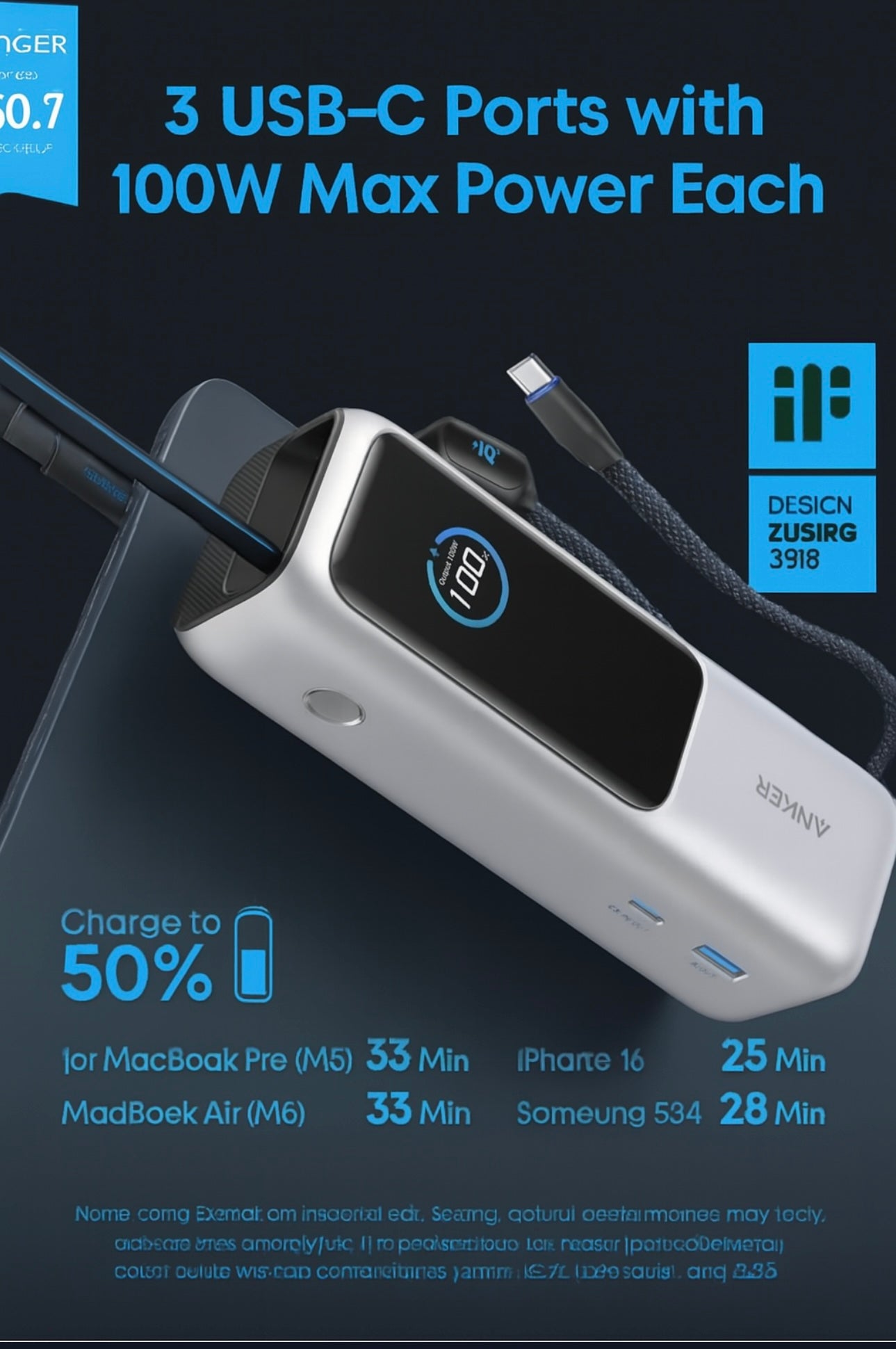 Anker 25,000mAh 100W Laptop Power Bank – Triple USB‑C, Retractable Cables, Flight‑Approved