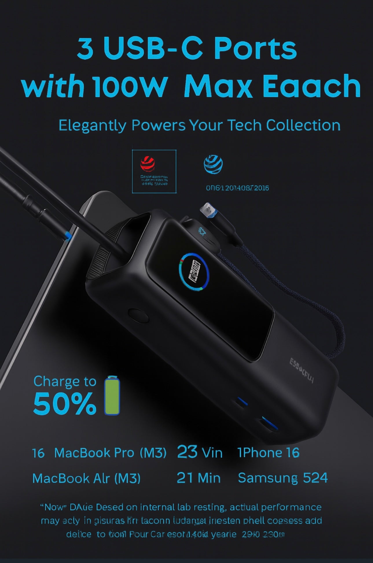 Anker 25,000mAh 100W Laptop Power Bank – Triple USB‑C, Retractable Cables, Flight‑Approved