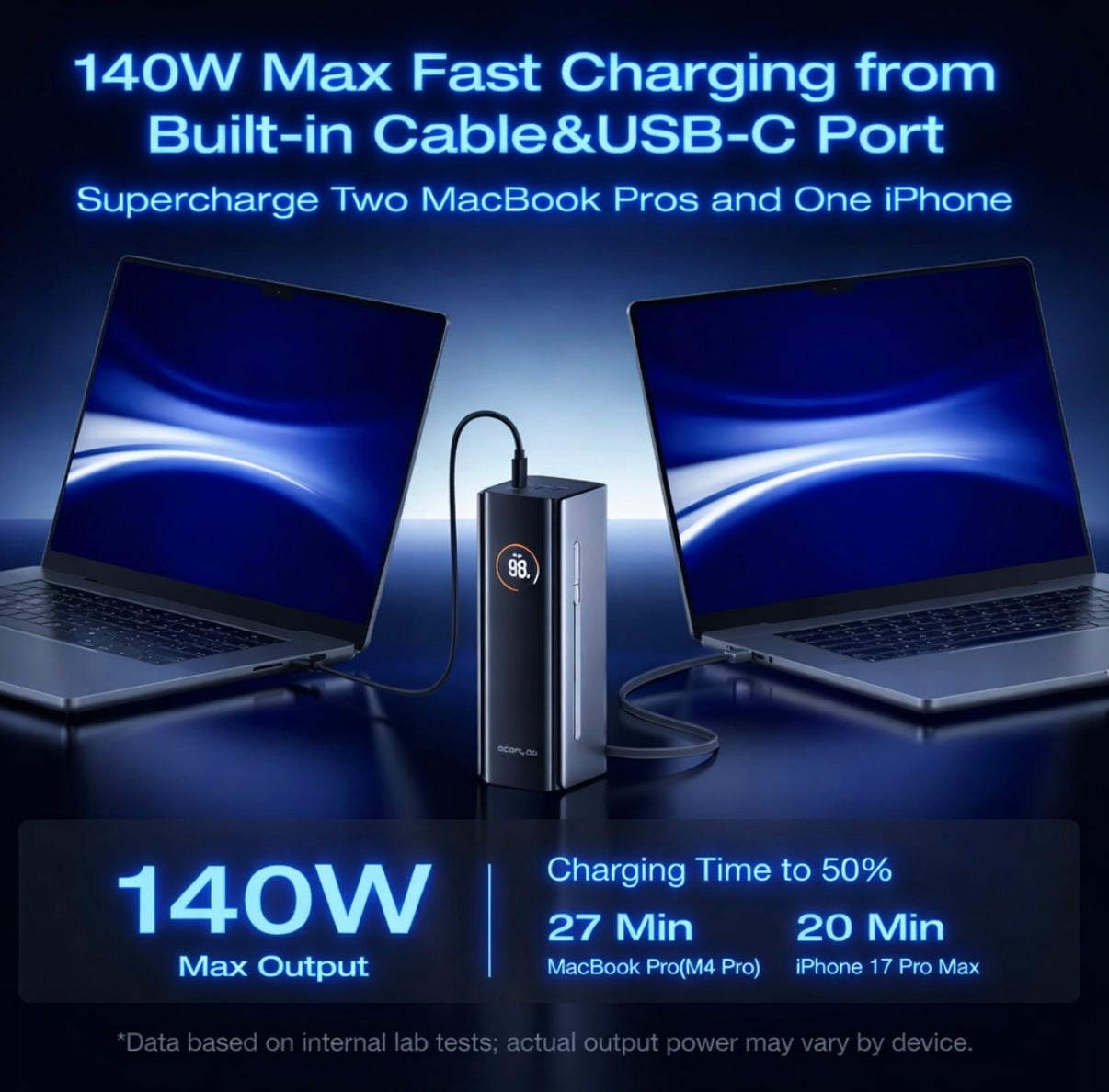 EF ECOFLOW Rapid Pro Power Bank – 300W 4‑Port Portable Charger, 140W Built‑In Cable, TSA‑Approved, Smart App, 27,650mAh for MacBook Pro/Air, iPhone 17/16, Laptops & More